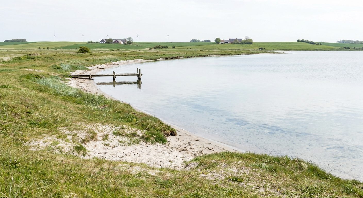 Rolig og let tilgængelig dansk kyst med sandbund — godt sted for en nybegynder