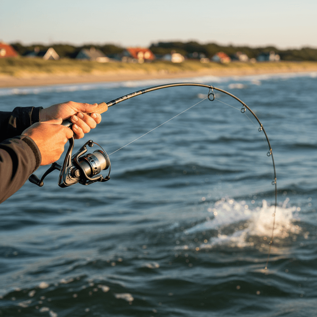 Fisker med bøjet spinnestang under fiskeri