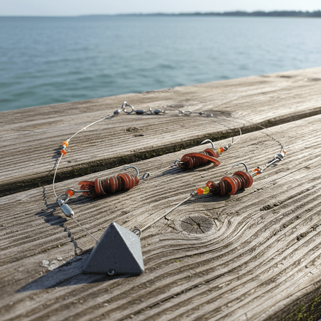 Fladfiskeforfang med to kroge, perler og spinnerblade på sandstrand