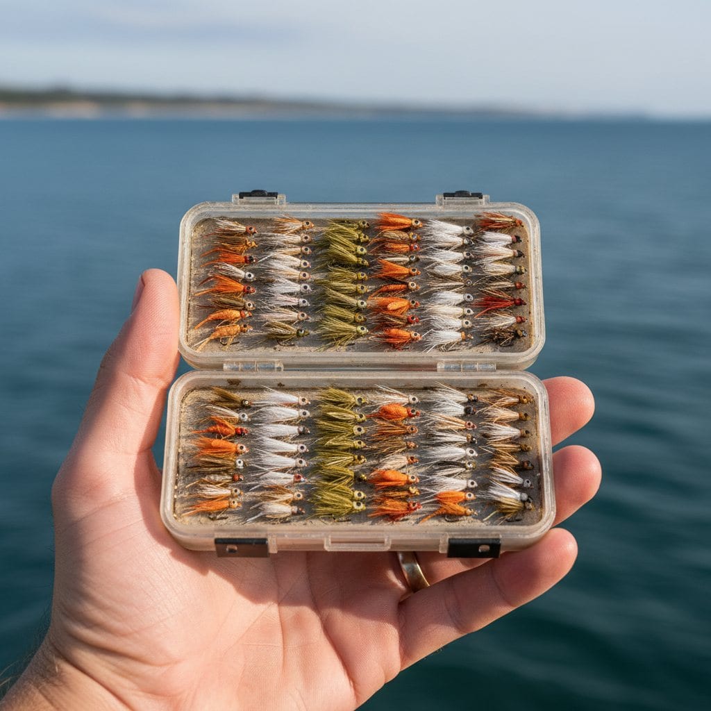 Åben flueboks i hånden med rækker af kystfluer i orange, oliven og hvid — reje- og småfiskeimitationer