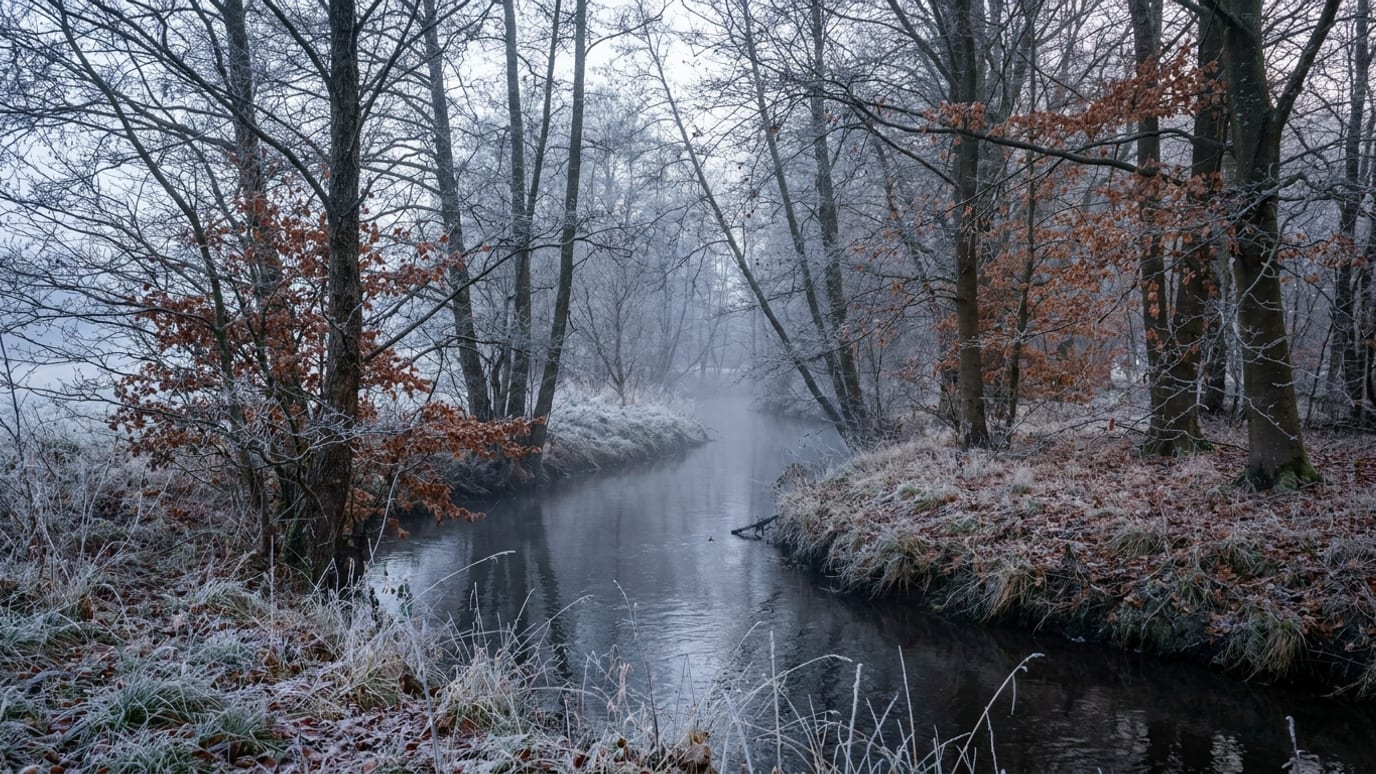 Tåget dansk å en frostklar novembermorgen med de sidste kobberfarvede blade