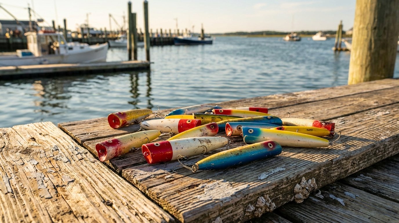 Surface poppers og stickbaits på træbrygge — effektivt overflade-agn til havbarsfiskeri