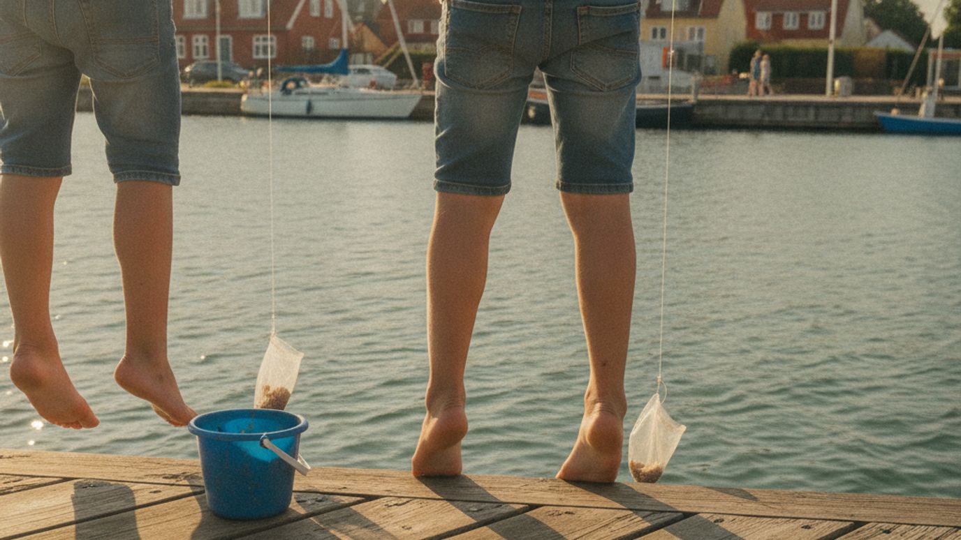 Børn der fisker krabber fra en badebro i en dansk havn med en blå spand