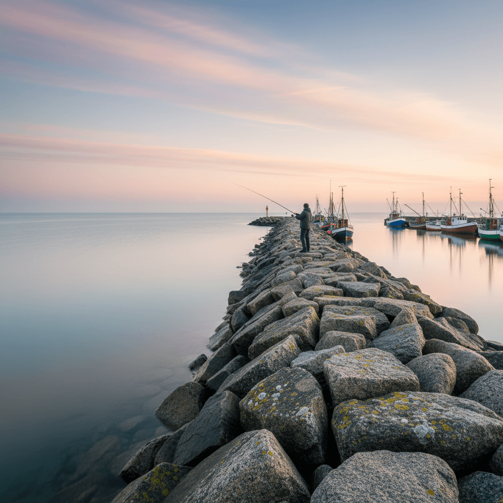 Dansk mole der strækker sig ud i havet — klassisk fladfiskeplads