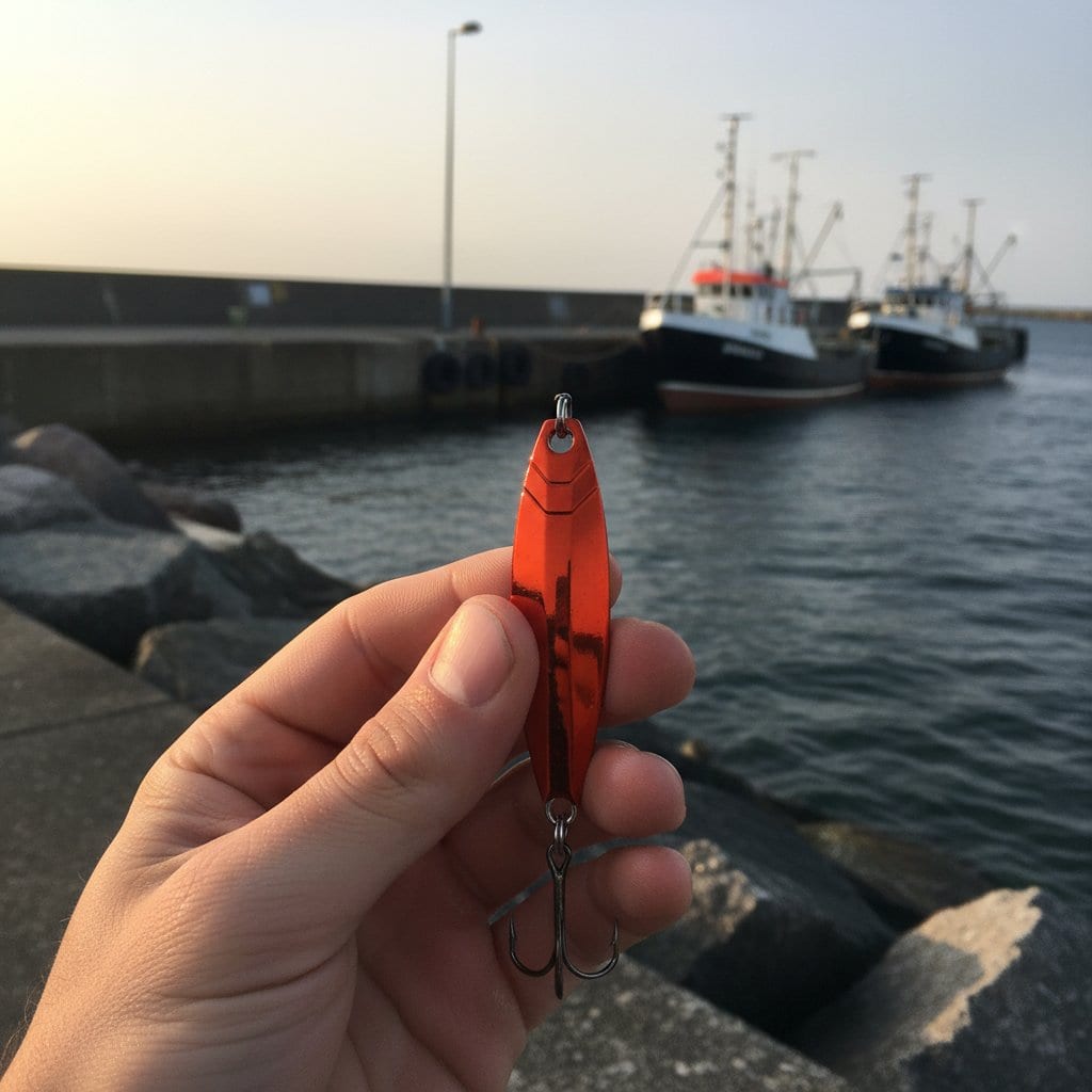 Orange pirk holdt op mellem fingrene med fiskekuttere og molens granit i baggrunden