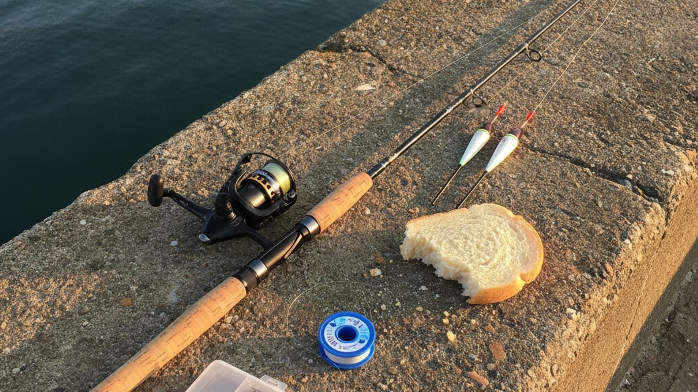 Flådstang, små flåd, hvidt brød, tynd fluorocarbonline og småkroge klar på molekanten