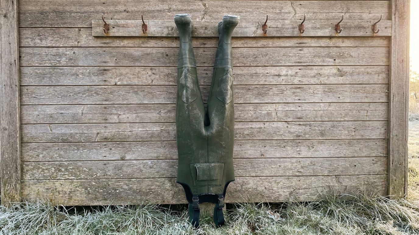 Et par neopren waders hænger til tørre på en trævæg i et udhus en frostklar vintermorgen