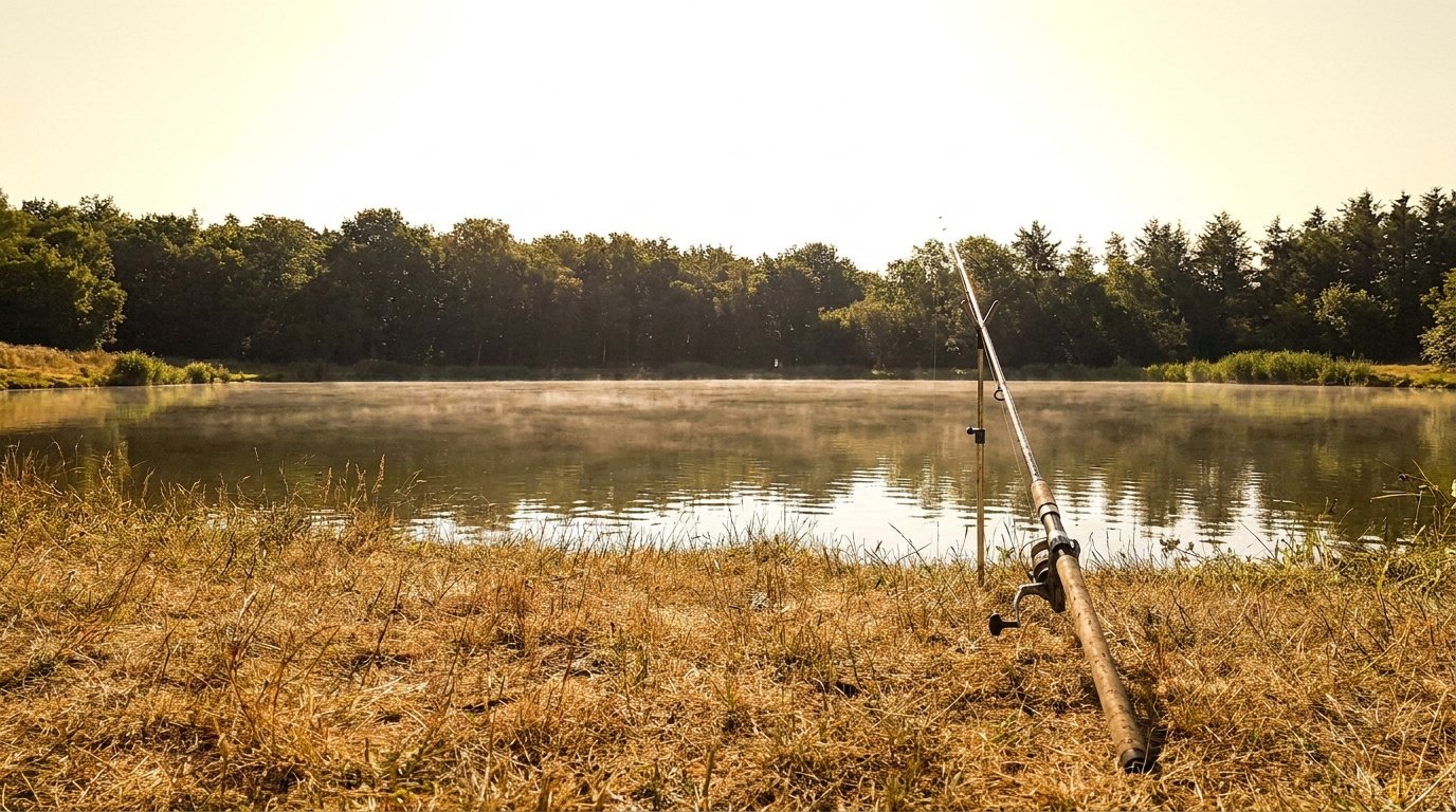 Solbeskinnet Put & Take sø med en fiskestang ved vandkanten
