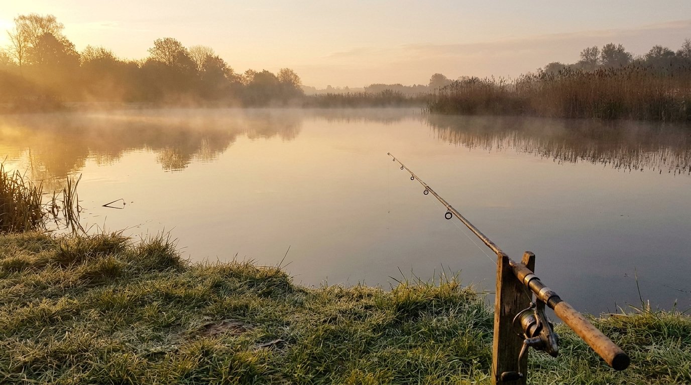 Mistet daggry over en stille Put og Take sø med en fiskestang der hviler ved vandkanten
