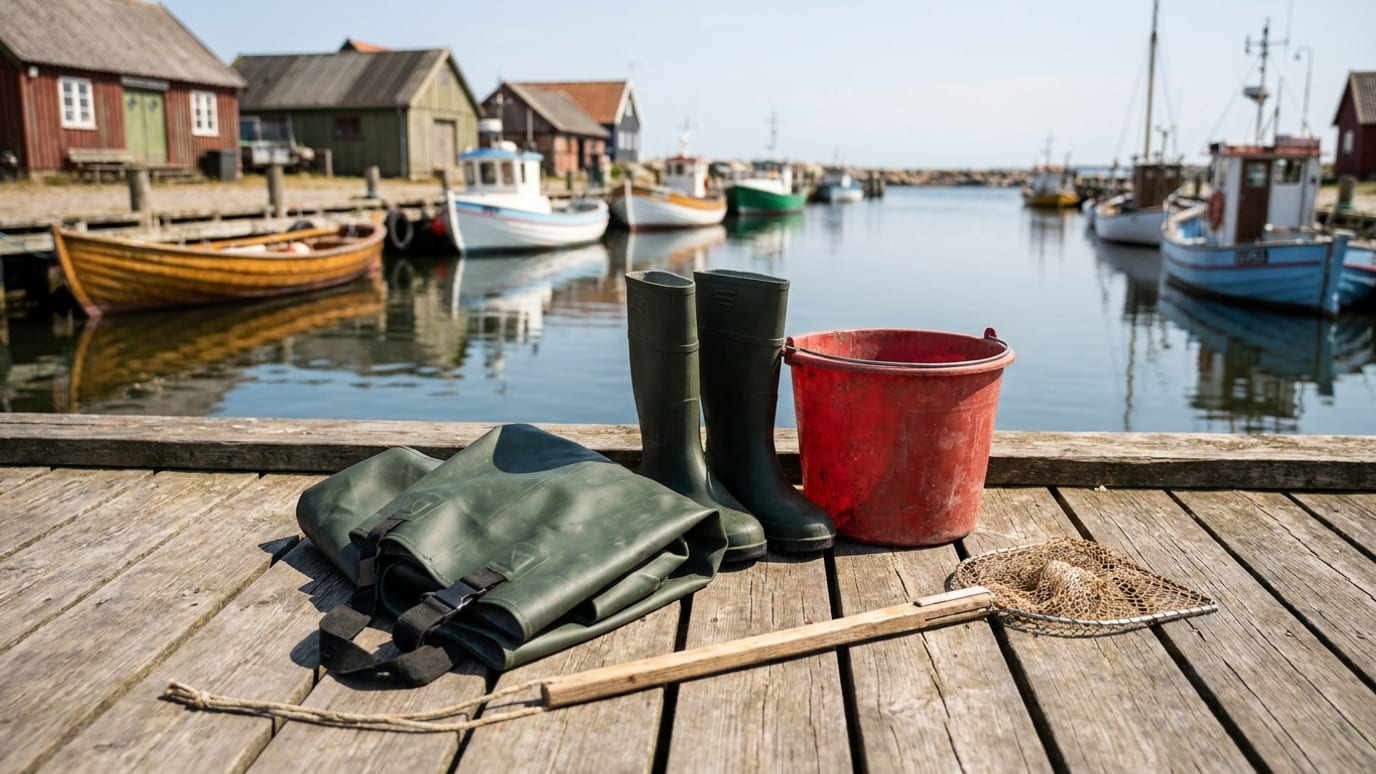 Sammenfoldede grønne waders, et par gummistøvler og en rød spand på en træbro i en dansk fiskerihavn en sommerdag