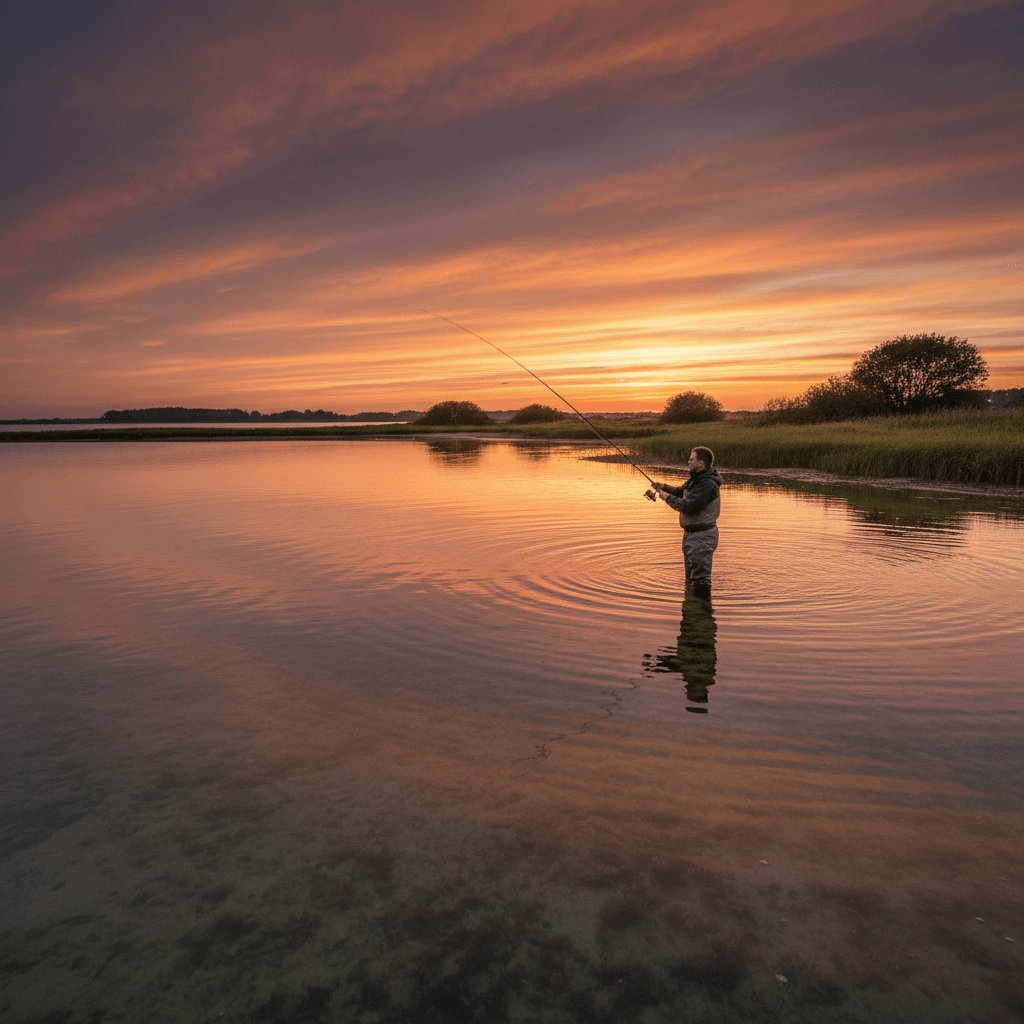 Fiskeri i Roskilde Fjord ved solnedgang