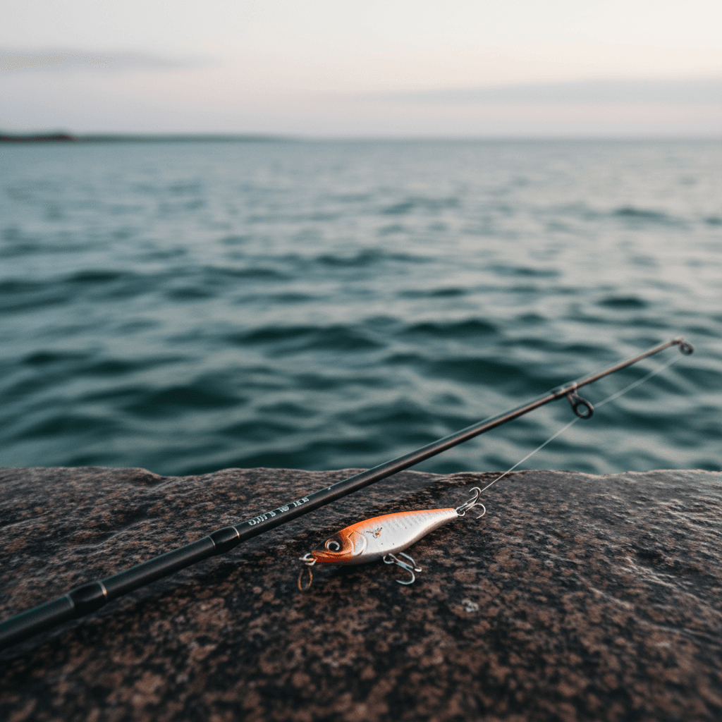 Spinnestang med orange-sølv pirk på molekanten over havet