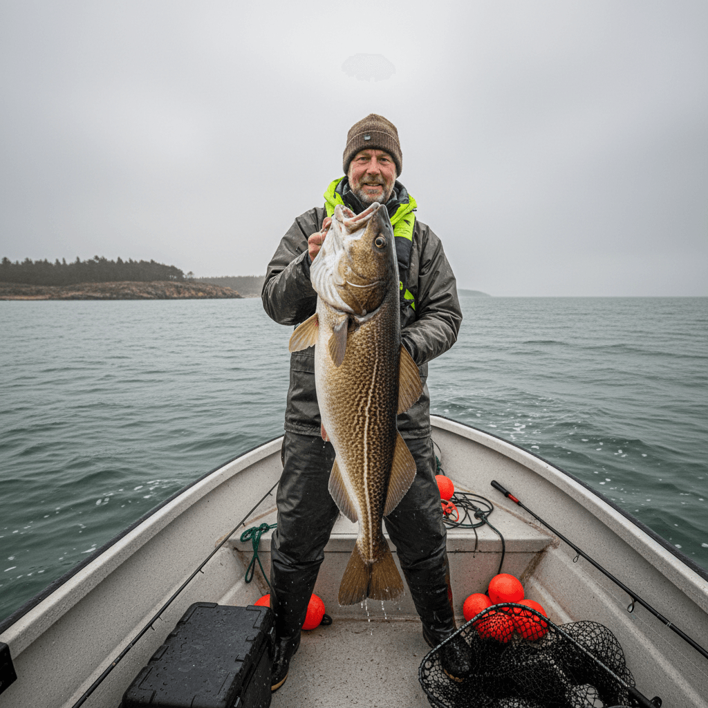 Dansk lystfisker på båd i Kattegat med nyfanget torsk