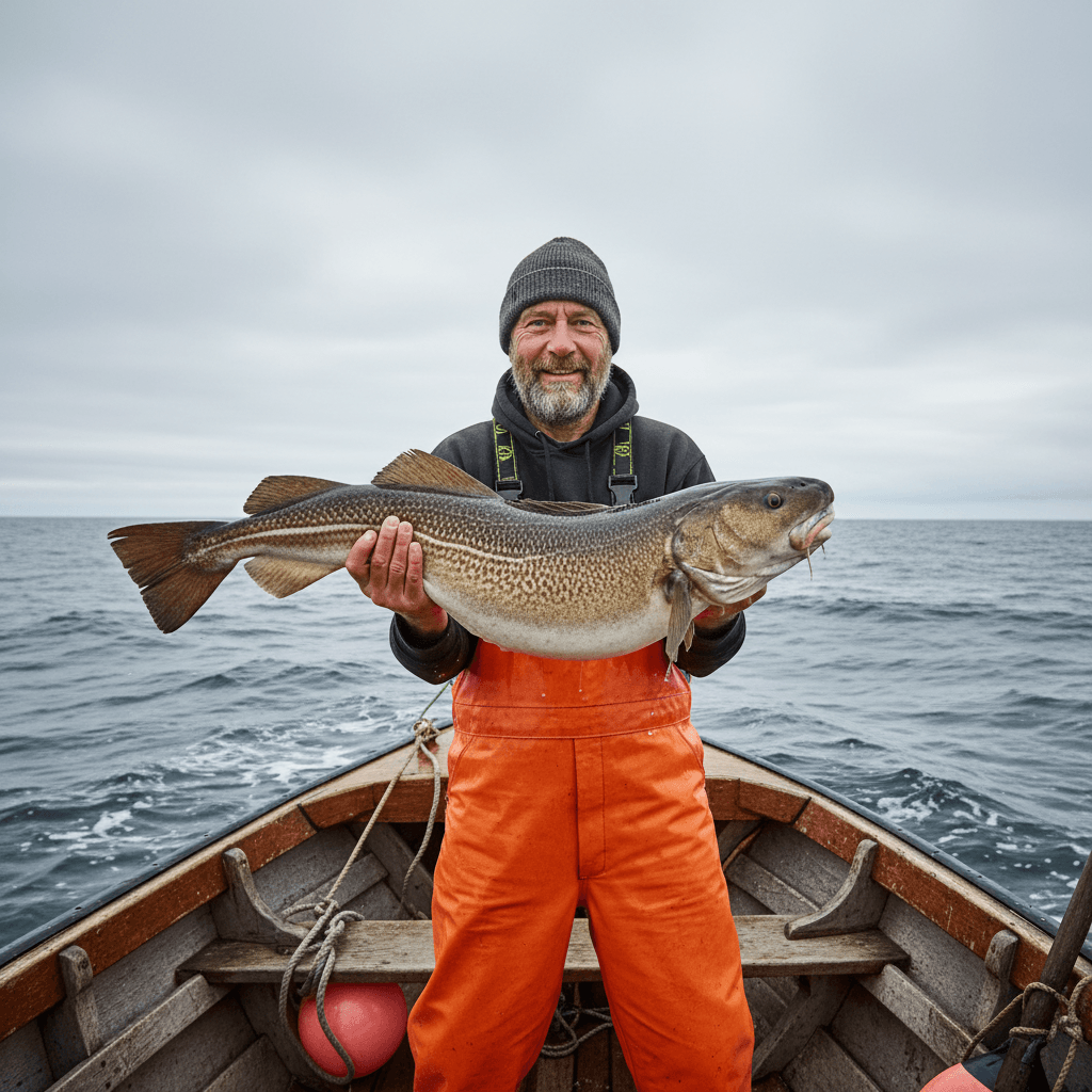 Dansk fisker med nyfanget torsk på båd