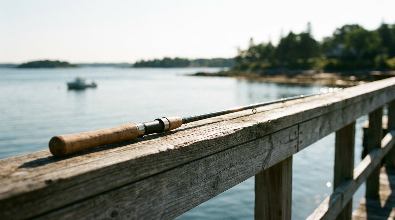 Fiskestang og grejpose på sol-blegt trædæk ved kysten en varm sommerdag