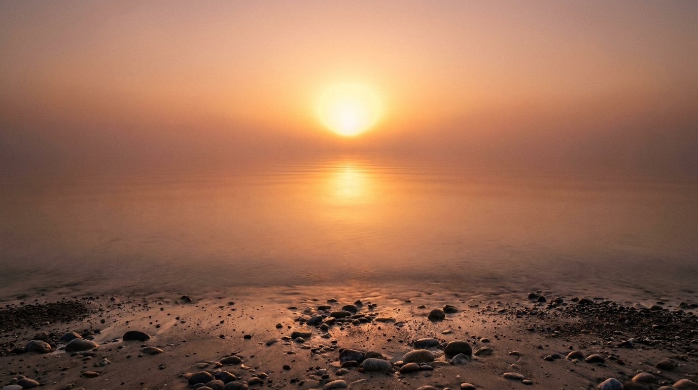 Tom dansk kystlinje ved solnedgang med varm dis på horisonten